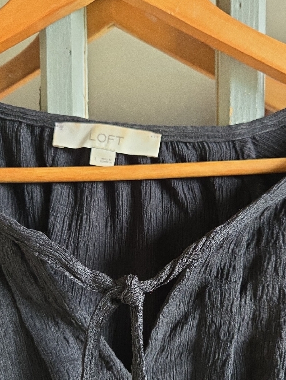 NWOT LOFT Black Textured Tie-Neck Peasant Blouse - Picture 2 of 4